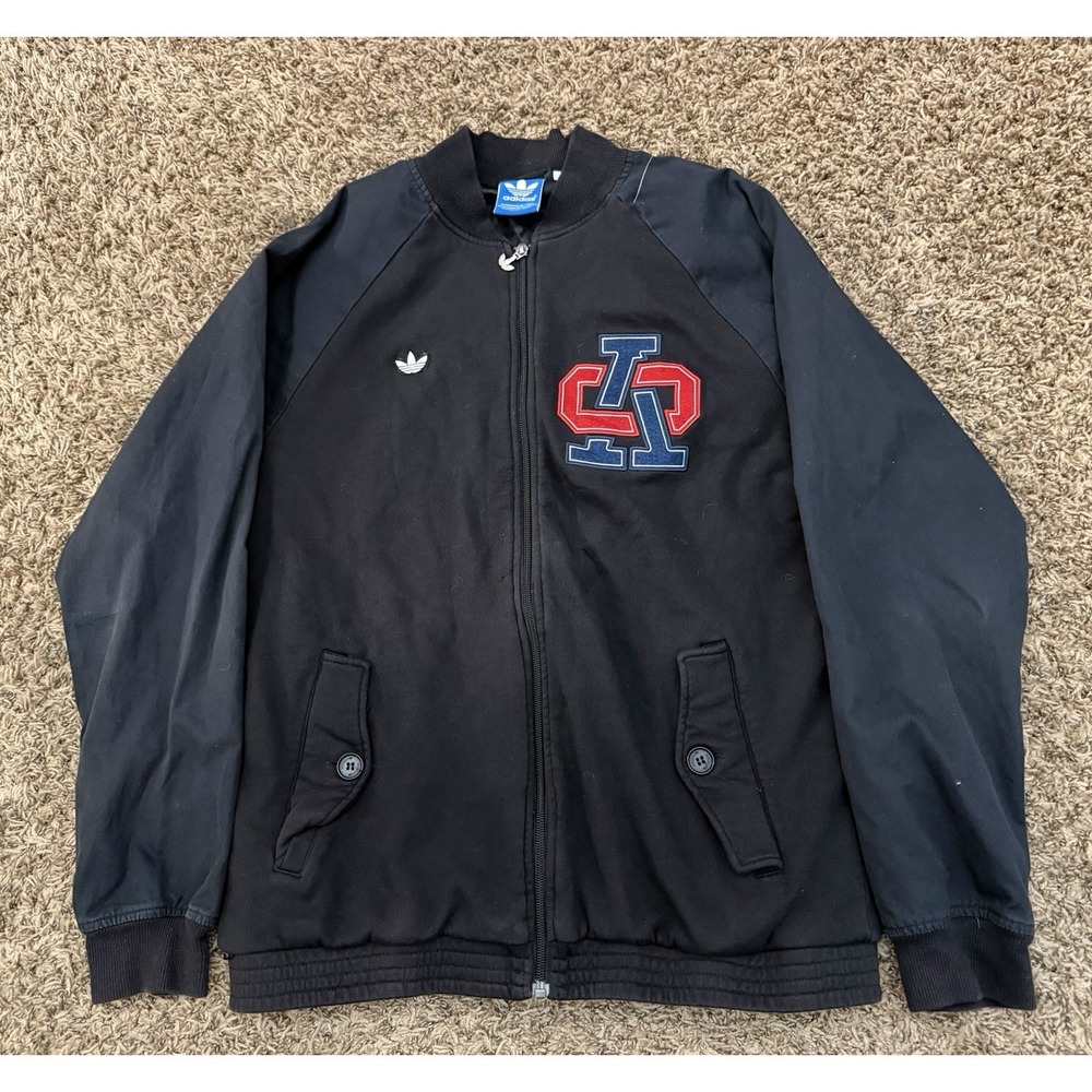 Adidas Trefoil Bomber Letterman Full-Zip Varsity Jacket Black Mens Size Large